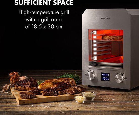 Klarstein Hannibal - Hogetemperatuurgrill, Vermogen: 2.200 W, Temperatuur: 200-850 °C, Infrarood verwarmingselement, CharForce System, Grillvlak: 18,5 x 30 cm, LED-display, Timer, zilver van Klarstein — afbeelding 3