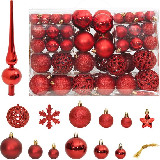 The Living Store Kerstballenset - Onbreekbaar - Verschillende stijlen en maten - Makkelijk op te hangen - Brede toepassing - Rood - PS - 32x3cm - 36x4cm - 26x6cm - 8x ster - 8x sneeuwvlok - 1x piek - Levering inclusief draden - 36x12x24cm (LxBxH)