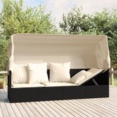 The Living Store Outdoor Loungebed - Zwart Poly Rattan - Inklapbare Luifel - Stabiel Frame - Comfortabel Kussen