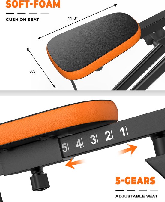 Zacht oranje kussen op zwart fitnessapparaat met 5 instelbare versnellingen.