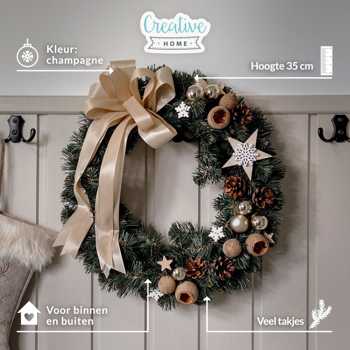 Creative Home Kerstkrans Kunstmatige Adventskrans Champagne Kleur | Ronde Kerstkrans ∅35cm | Kerstkrans voor Deur, Open haard | Kerstdecoraties Binnen Buiten – foto 2