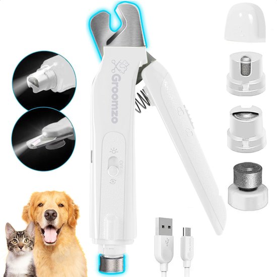 Groomzo 2-in-1 Elektrische Nagelvijl en Nagelknipper - Knipper - Schaar - Trimmer – Pro 2024 – Oplaadbaar & Draadloos - Diamant Vijlkop - voor Honden, Katten en Dieren – Wit