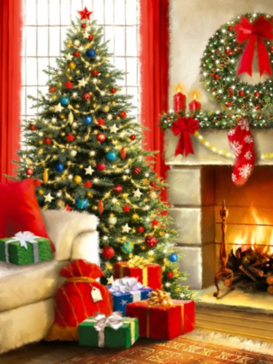 Diamond painting kerstboom openhaard bank 30x40cm vierkante steentjes