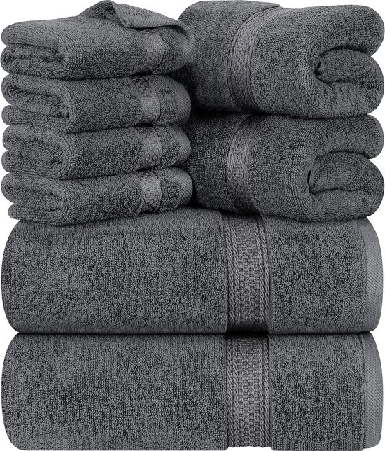 8-Delige Handdoekset - 2 badhanddoeken, 2 handdoeken en 4 Washandjes Katoen Hotelkwaliteit Superzacht en Zeer Absorberend (Grijs).