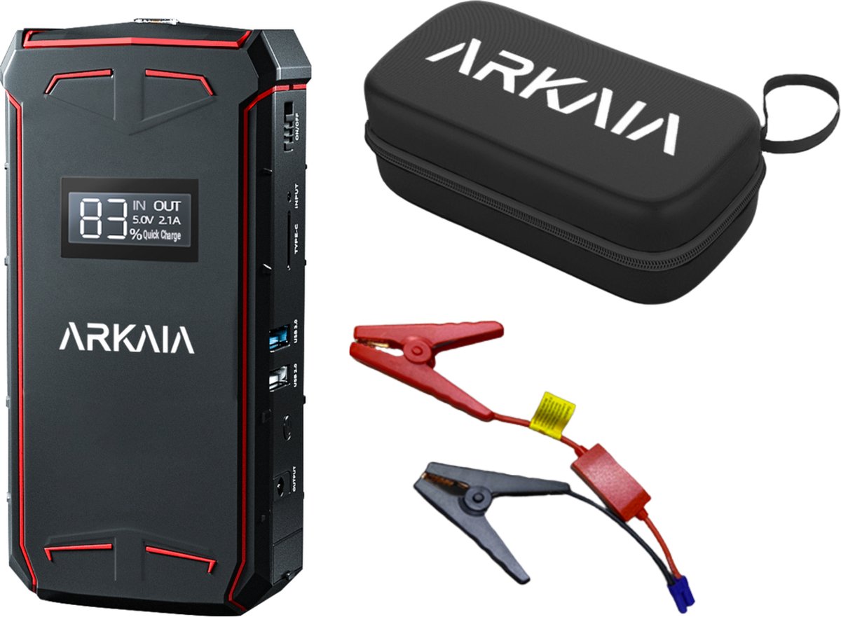 ARKAIA® 3-in-1 Jump Starter met Powerbank - Jumpstarter - Starthulp met 12V Accu Lader voor Auto, Motor, Scooter, Boot - USB 5V/2.4A Poort - Draagtas - Rood/Zwart - 8000mAh - ARKAIA