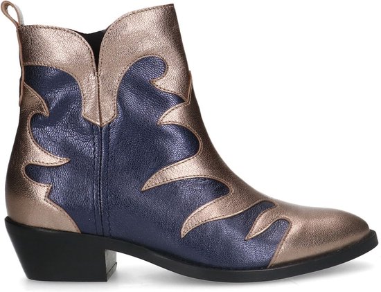 Manfield - Dames - Blauwe leren cowboy laarzen met metallic details - Maat 40