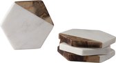 Marmeren & Houten Onderzetters | Handgemaakte Geometrische Witte Marmeren Onderzetters met Mangohout voor Jouw Drankjes, Drankjes & Wijn/Bar Glazen (Set van 4)