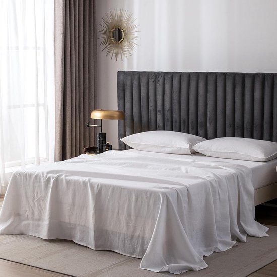 Drap de lit en lin, 100 % lin, Laken délavé, linge de lit respirant pour les fermes, drap de lit à finition lavée douce, 1 seul drap de lit (150 cm x 250 cm, Wit)
