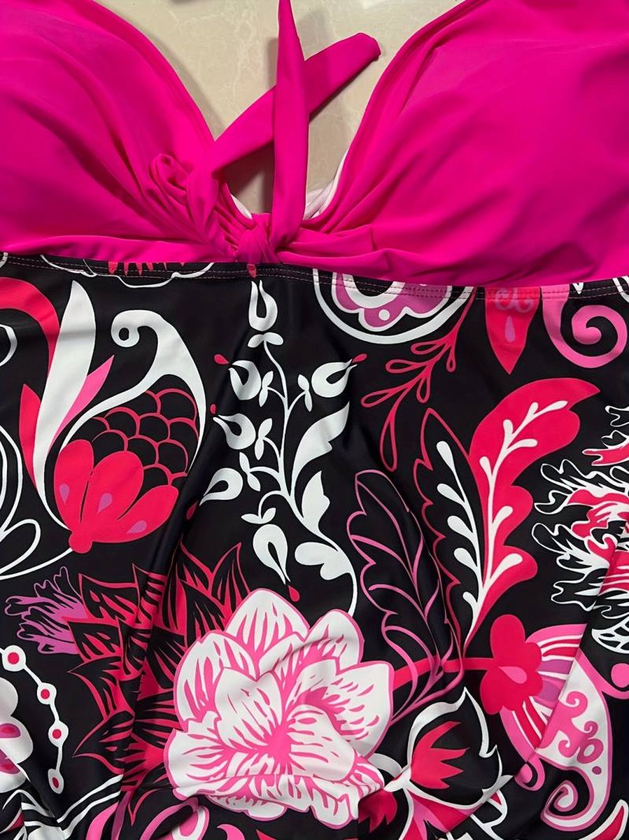 Tankini Set - Grote maten casual tankini - 2 - delig dames plus paisley print ruches strik knoop voorkant V - hals peplum tanktop & short - Badmode bikini badpak zwempak strandkleding badjurk 773 - Rood roos — afbeelding 2