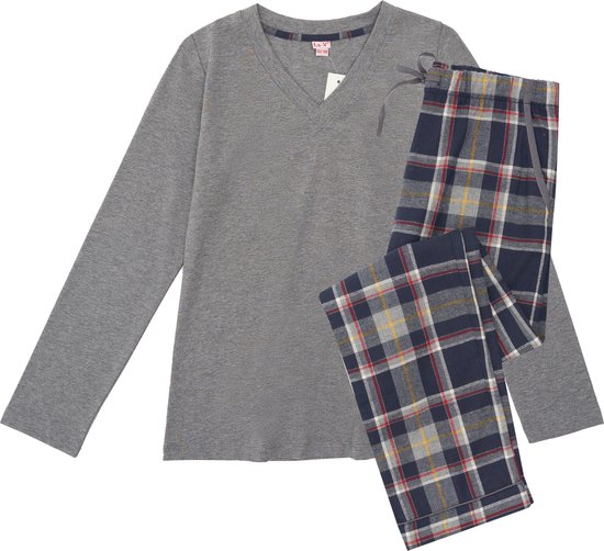 La-V pyjama set voor meisjes met geruite flanel broek - Grijs/ Donkerblauw 140-146