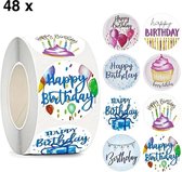 Sluitsticker - Sluitzegel - Happy Birthday | Verjaardag | Feestelijk - Envelop | Multi kleuren - Licht | Gefeliciteerd - stickers| Envelop stickers | Cadeau - Gift - Cadeauzakje - Traktatie | Creativiteit | 48 stuks - 2,5 cm