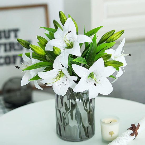 Kunstbloemen 5 Stuks Echte Aanraking Lelies Kunstbloemen Latex Boeket Kunstbloemen voor Lentedecoratie Bruiloft Thuis Party Graves Decoratie (Wit/Geen Vaas)