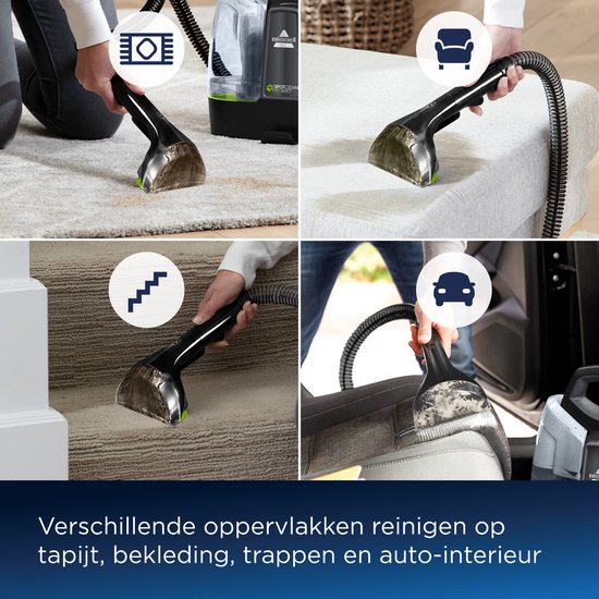 Collage : le Bissell SpotClean Pet Select nettoie tapis, rembourrage, escalier et voiture.