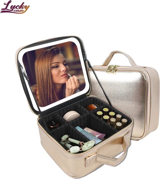 yermin beauty- make-up tas- makeup tas met led spiegel- makeup organizer - makeup tas met ingebouwde led spiegel- beautycase - goud