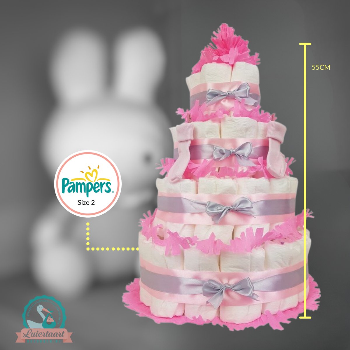 Goedkoopste Luiertaart meisje 4-laags met 87 A-merk pampers en XL kaart - kraamcadeau - babyshower- pampertaart