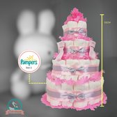 Gâteau de couches fille 4 couches avec 87 couches de marque A et carte XL - cadeau de maternité - gâteau de couches de douche de bébé