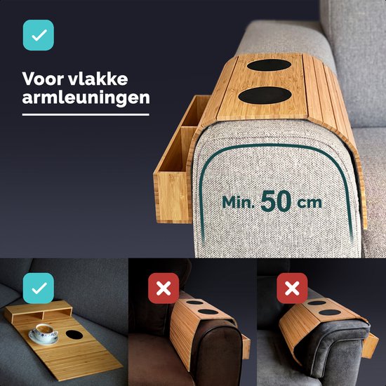 Tuko Accoudoir Plateau - Bamboe - Naturel - Compartiment de rangement - Flexible - Antidérapant - Organisateur - Banc - Assise