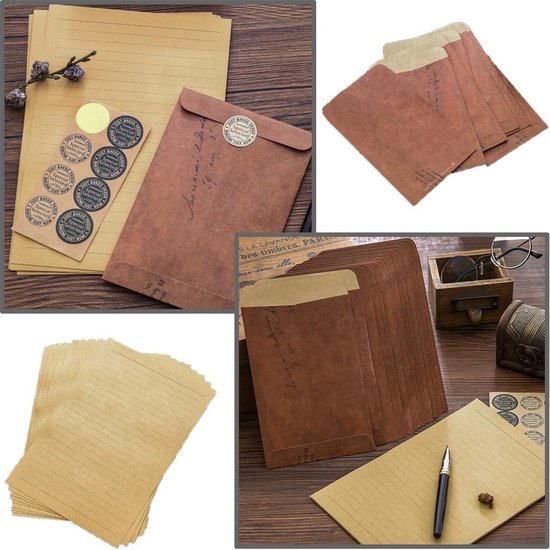 6 Stukken Briefpapier Schrijfpapier Set, Vellen Kraftpapier Vintage, Briefpapier oud Papier Vintage, Schrijfpapier en Enveloppen Sets, voor Uitnodigingen en Brieven Vintage Briefpapier