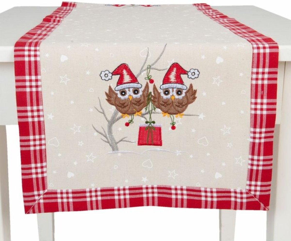 Kerst Tafelloper 40 x 120 cm Uiltjes rood/naturel