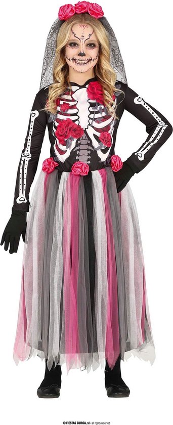 Fiestas Guirca - Meisjes jurk Catrina - 7-9 jaar - Carnaval Kostuum voor kinderen - Carnaval - Halloween kostuum meisjes