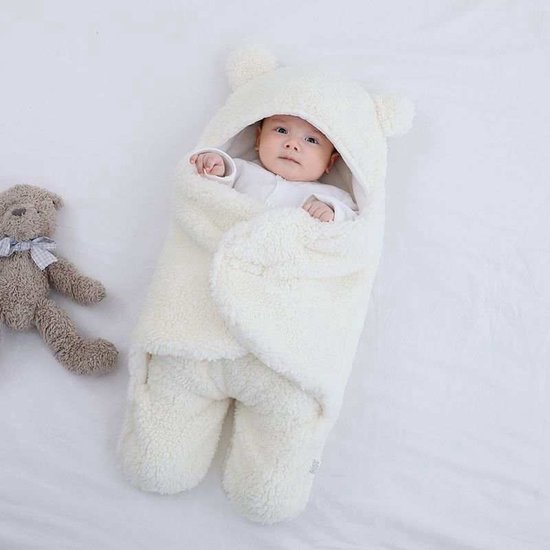 Couverture d’enveloppement d’ours en peluche nouveau-né - couverture d’emmaillotage d’ours en peluche blanc doux nouveau-né queue mignonne - 0-6 mois -Cadeau de maternité-Automne-Cadeau de douche de bébé
