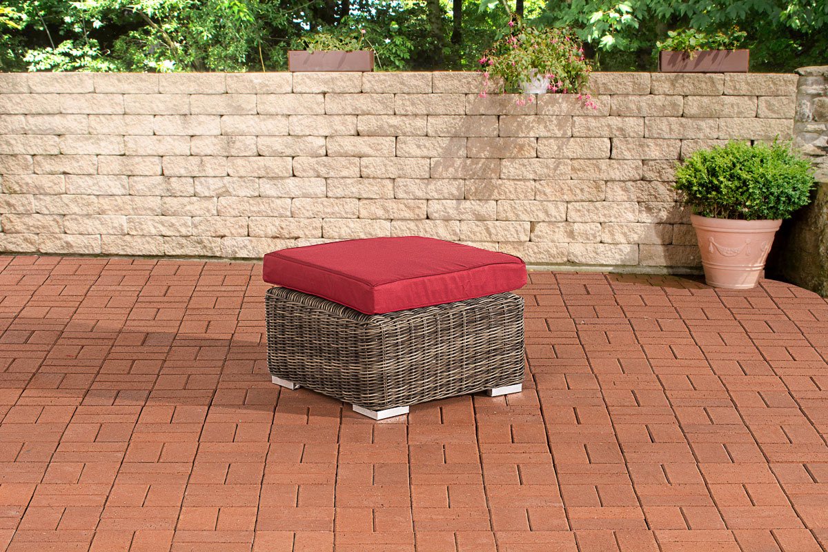 CLP Polyrattan hocker Bilbao / Madeira grijs gevlekt robijnrood