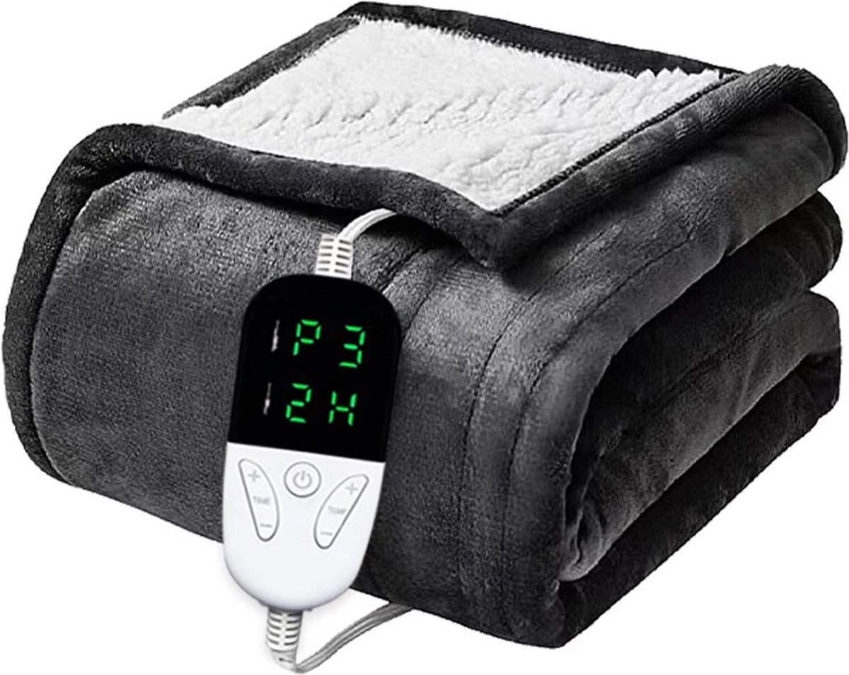 VBZ Elektrische Bovendeken – Knuffeldeken Met 6 Verwarmingsniveau s Plaid – Warmtedeken Met Automatische Uitschakeling Wasbare Fleece Deken – Digitaal Display – 130x150cm – Donker Grijs