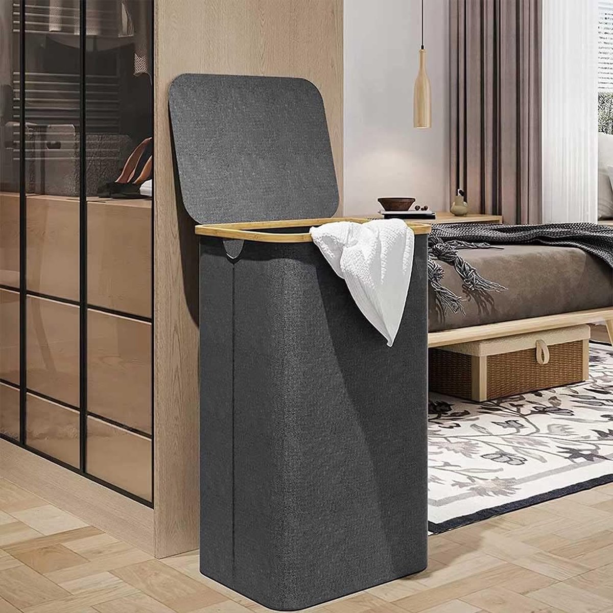 Wasmand met deksel - 2 vakken - beige - 170 L - 56 x 40 x 75 cm Wasmand met deksel - 2 vakken - beige - 170 L - 56 x 40 x 75 cm
