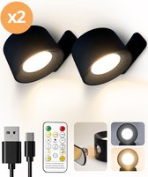LUVIQ 2 Stuks Oplaadbare Wandlamp - Wandlamp Binnen - Nachtlampje - Woonkamer - Slaapkamer - Kinderkamer - USB-C Oplaadbaar - Inclusief Afstandsbediening - Zwart