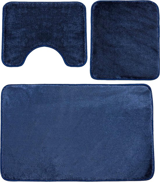 Badmatset, 3-delig, badkamertapijt, antislip, machinewasbaar 80 x 50 cm, badmat + 50 x 40 wc-mat, absorberend wc-tapijt, donkerblauw