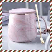 Marmeren mokken, mok marmerlook, ontbijtmok met deksel lepel geschikt als cadeau voor familieleden, vrienden, koppels, keramiek, 400 ml (roze)