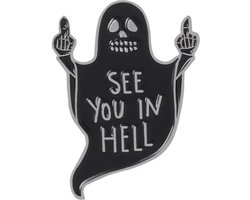 foto van Spook See You In Hell Tekst Emaille Pin 2.3 cm / 3.2 cm / Zwart Zilver