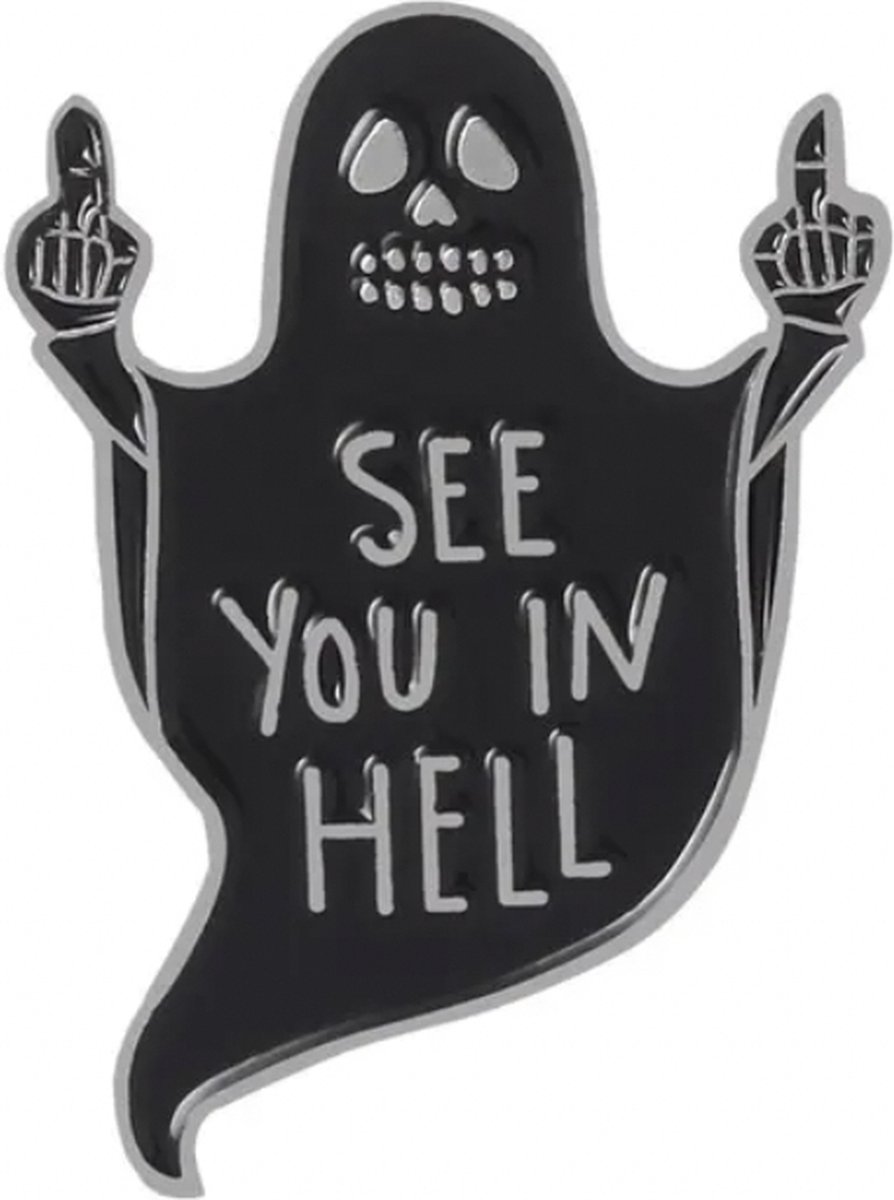 Spook See You In Hell Tekst Emaille Pin 2.3 cm / 3.2 cm / Zwart Zilver