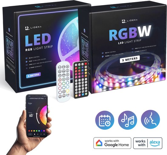 Lideka® - Bande LED RGB 5 mètres + Bande LED RGBW 5 mètres - Auto-adhésif avec télécommande et application - Bande LED Smart - Compatible avec Google Home, Amazon Alexa et Siri
