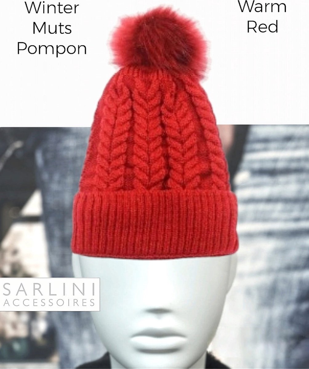 SARLINI accessoires - Herfst / Winter Beanie / Muts Pompon - Warm Red - Polyester Grove Breiwerk - Faux Fur - vrouwen - volwassenen tieners - casual