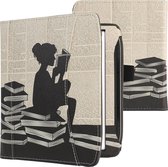 Étui à rabat kwmobile adapté à Pocketbook Era - Étui avec poignée et poche avant pour liseuse - Étui à livres en noir / beige - Design fille avec livres