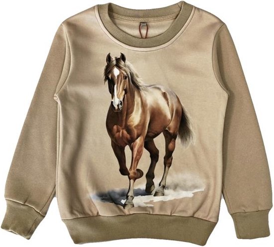Kinder sweater, trui, met paarden print, beige, maat 110/116, horses, kind, ZEER MOOI!