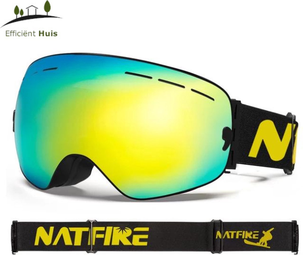 Natfire - Ultieme Skibril - Goud - UV-bescherming - Geschikt voor brildragers - Anti-Mist - Ventilatie - UV400