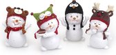 Set van 4 decoratieve figuren, grappige sneeuwpop, elk 8 cm, polysteen, wit, kleurrijke wintermutsen, sneeuwpoppen, decoratieve figuren, winterdecoratie, Kerstmis