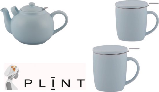 Plint - Retro - Theeset - Theepot 1.5L + 2 theemokken 450ml met theefilter en deksel - Aardewerk - ICE/Pastelblauw