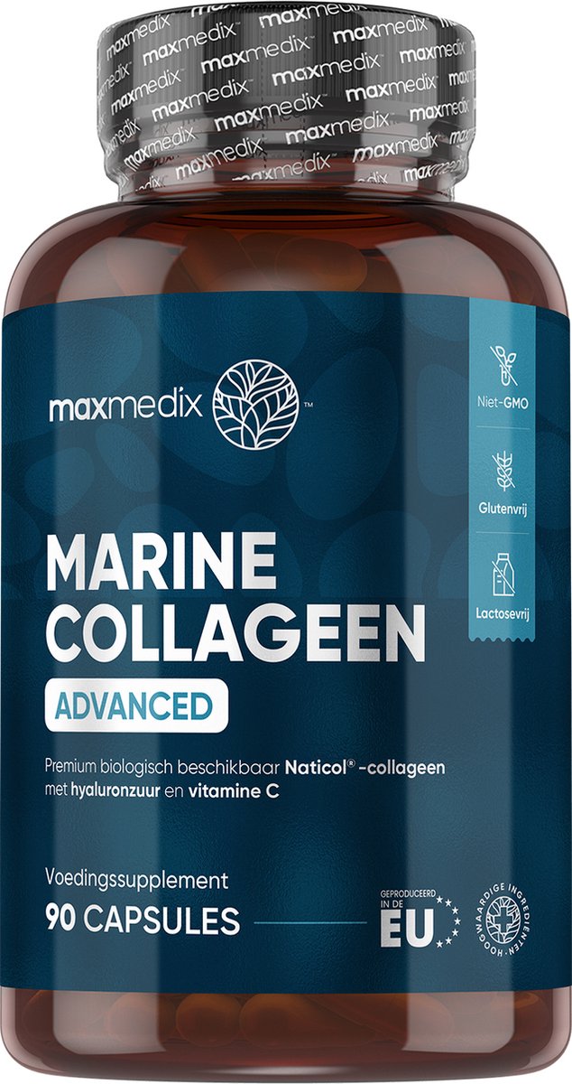maxmedix Marine Collageen capsules 1200 mg - Met Hyaluronzuur, Zink, CoQ10 en Vitamine C - 90 capsules - Laboratorium getest collageen supplement - Maxmedix