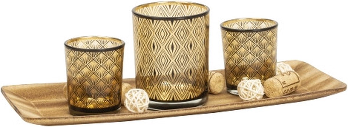 Theelichthouder set - 3 st op houten schaal - glas/hout - waxinelichthouder