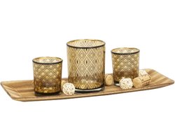 Theelichthouder set - 3 st op houten schaal - glas/hout - waxinelichthouder