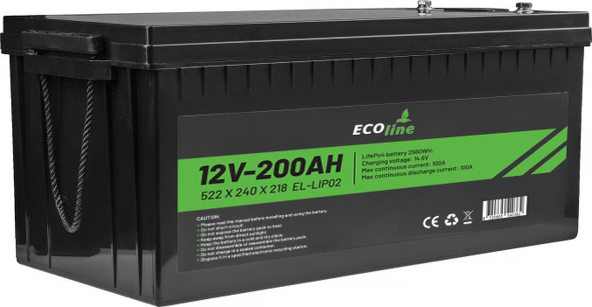 EcoLine - LifePo4 12V 200AH - 200000mAh lithium Batterij - 522 x 240 x 218 - Deep Cycle Accu.