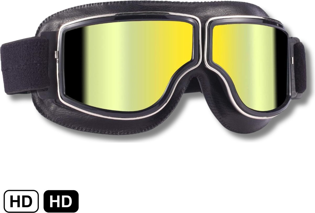 DriveLux™ Cruiser - Stijlvolle Leren Motorbril voor Heren met Retro Design - Geel Glas en Verfijnde Ventilatiegaten voor Optimaal Comfort – Retro Motorbril
