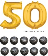50 jaar leeftijd Sara Abraham pakket. Mega grote XXL folie ballon 102cm cijfer 50 en 10 verjaardag feest ballonnen met opdruk 50.