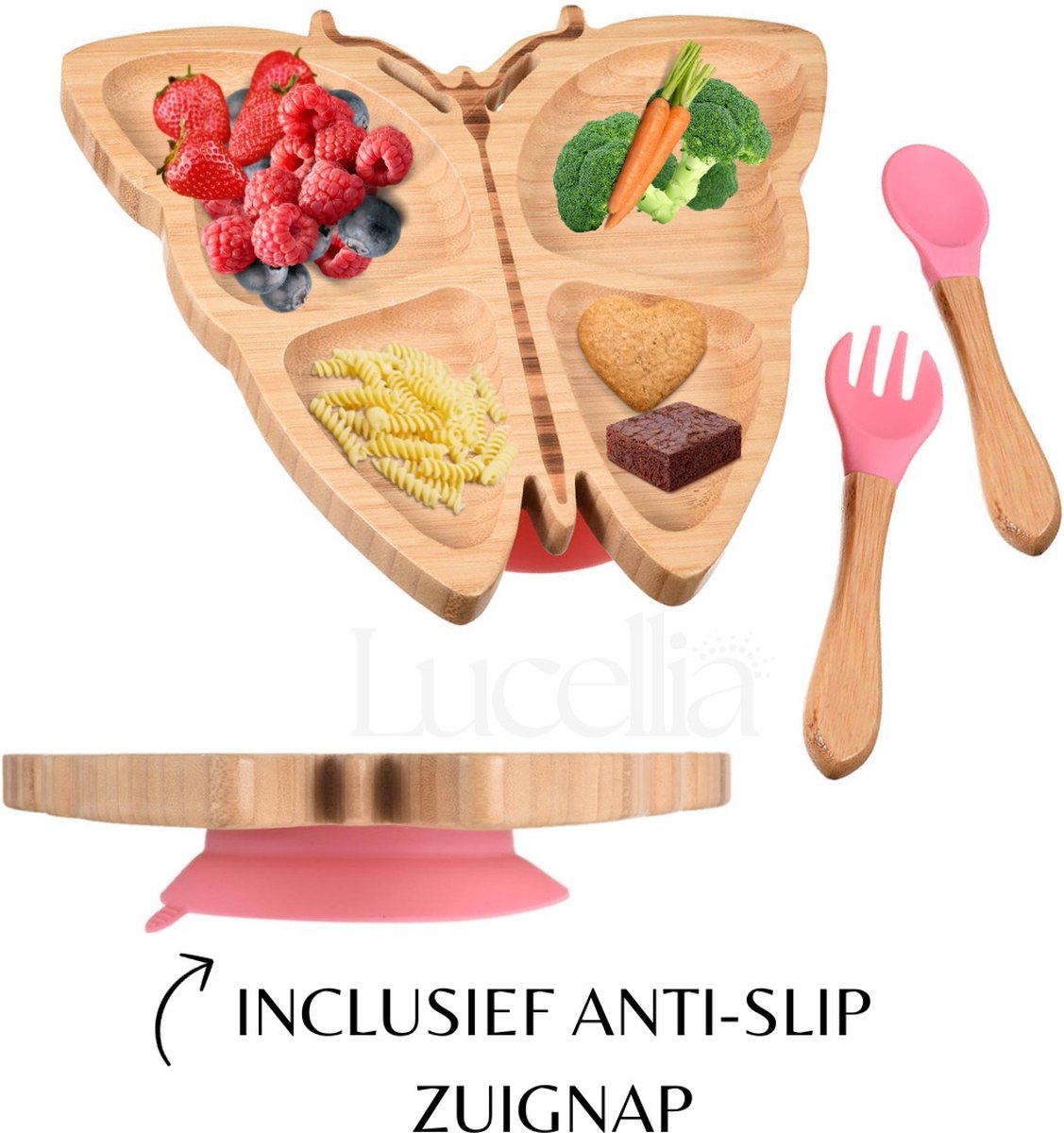 Goedkoopste Lucellia® Bamboe babyservies set – Roze Vlinder 3 delig - Kinderservies set - Kinderbord – Met zuignap – Kinderbestek - Eetset baby - Babybestek - Siliconen - Kraamcadeau meisje – Babyshower cadeau – BPA & Melamine vrij – FSC gecertificeerd