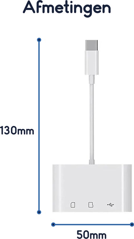 Afmetingen van het witte kaartlezertje met USB-C kabel: 130mm x 50mm.