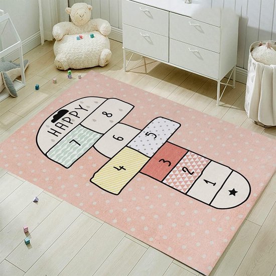 Hopscotch Vloerkleed voor de kinderkamer, springmat, speeltapijt voor meisjes en jongens, springmat voor kinderen (80 x 120 cm)