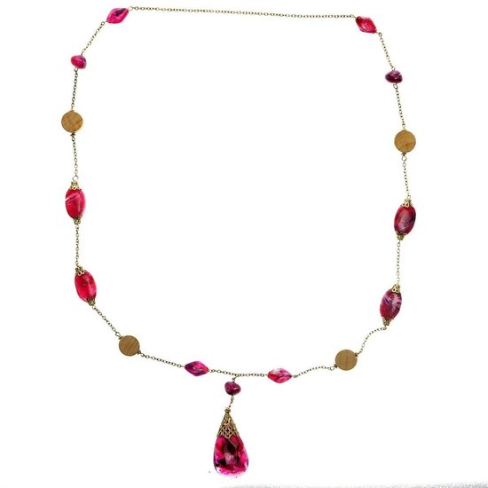 Behave Ketting goud kleur met roze paarse en houten kralen 100 cm